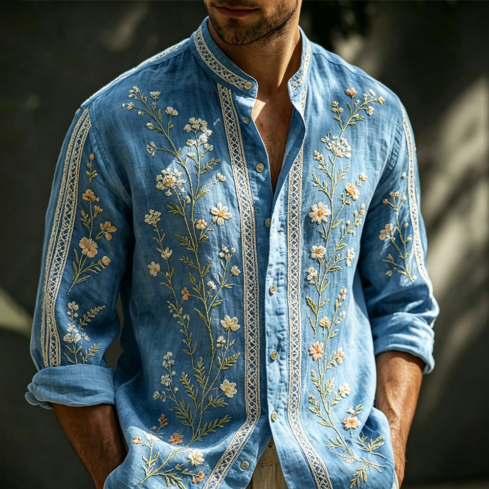 Men's Spring Floral And Lace Art Embroidered Cotton Linen Blue Long Sleeve Shirt