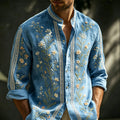 Men's Spring Floral And Lace Art Embroidered Cotton Linen Blue Long Sleeve Shirt