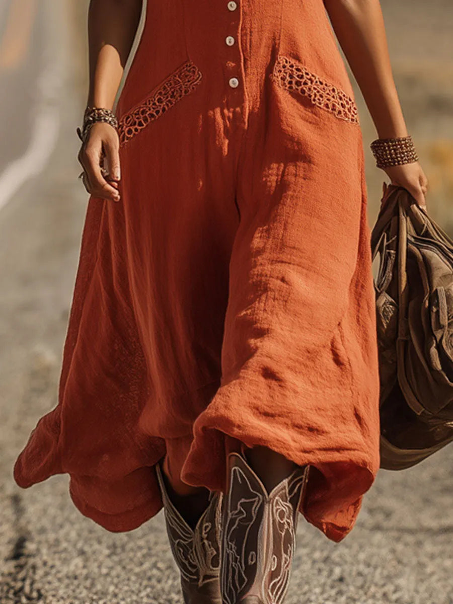 Western Bohemian Retro Orange-Red Cotton Linen Sleeveless Midi Dress