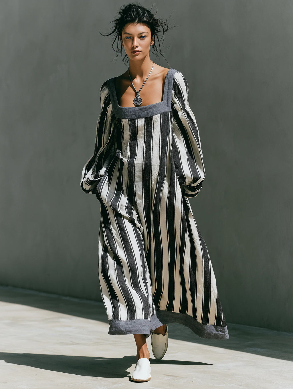 Women's Minimalist Striped Print Square-Neck Long-Sleeve Maxi Dress MDZ0909G9WY