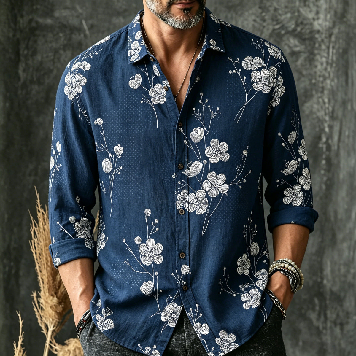 Men's Retro Floral Print Casual Linen Blend Long-sleeve Shirt