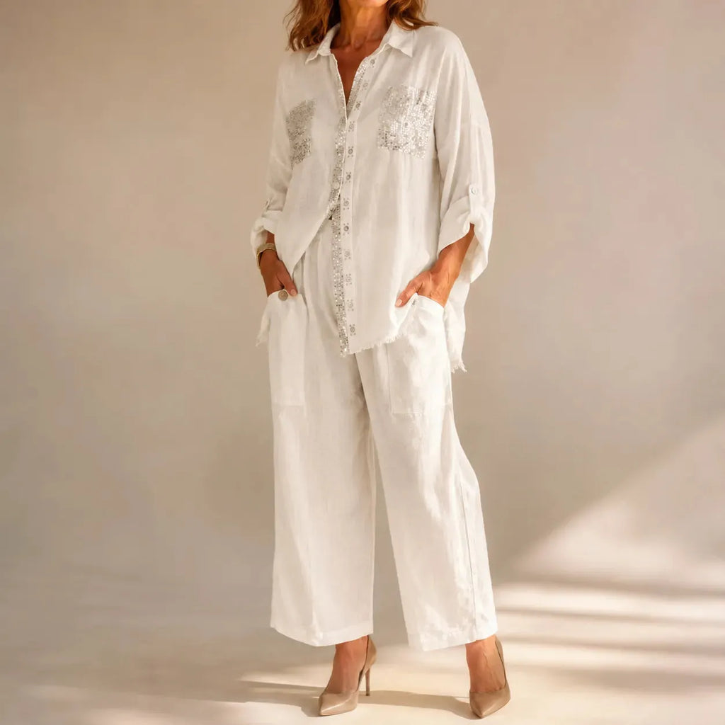 Solencia – Shimmer Pocket Shirt and Wide-Leg Pants Set