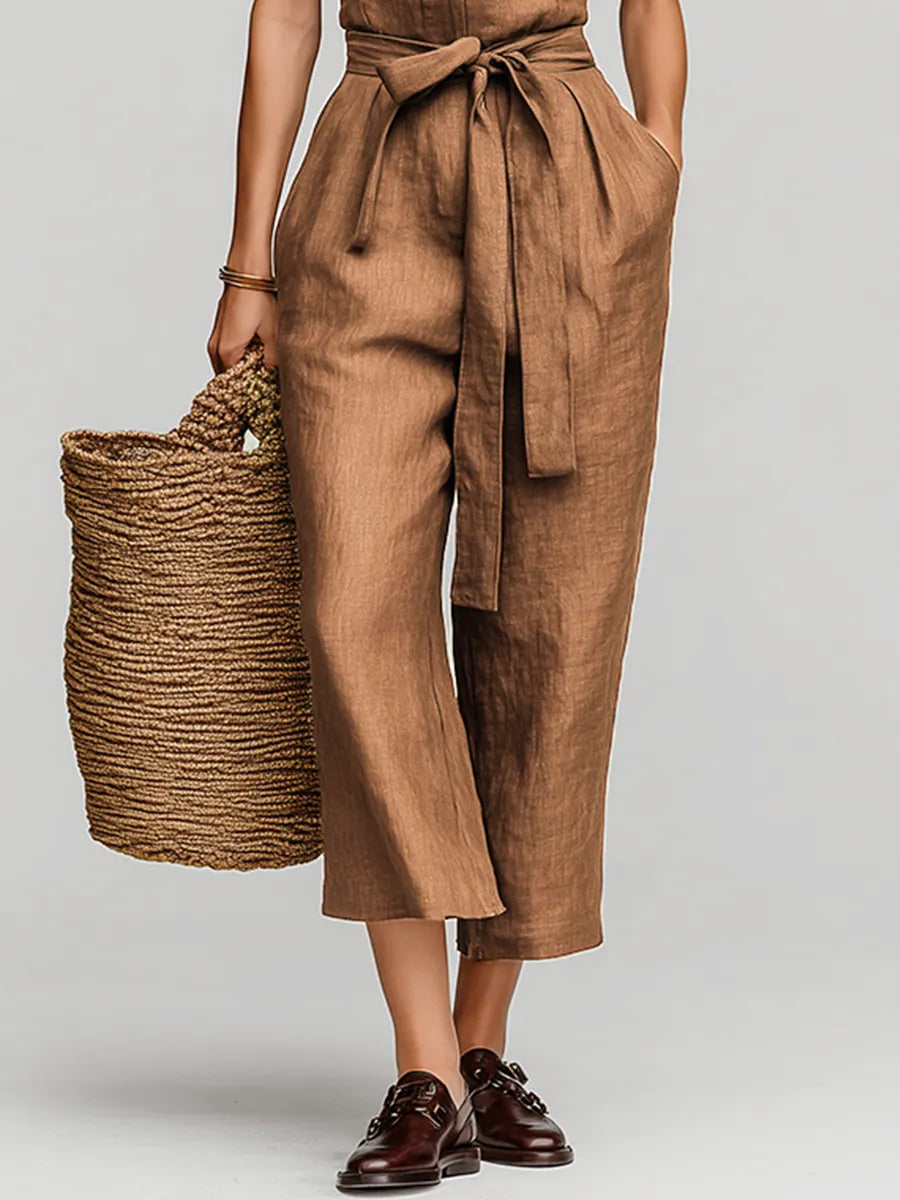 Women's Tobacco Brown Linen Jumpsuit With Self-Tie Waist & Collared V-Neck, Timeless Resort-Casual Style Jumpsuit MDZ0638B5I