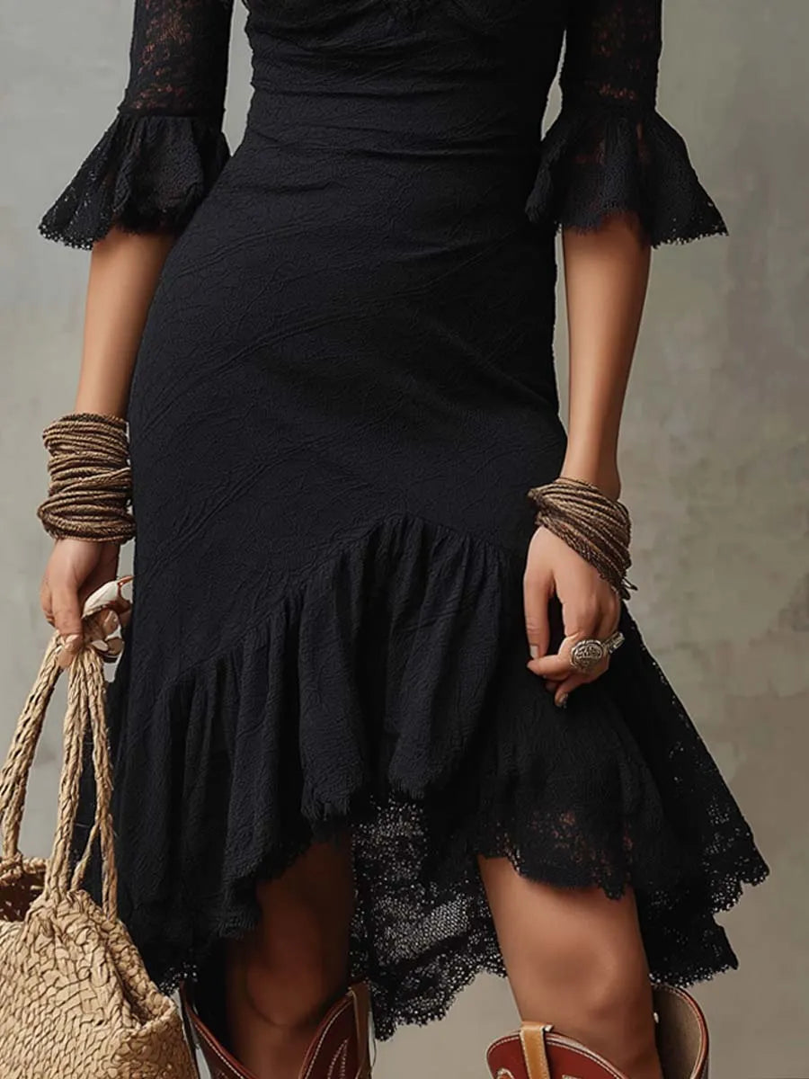 Ruffle Cuffs Flare Skirt Lace Midi Dress