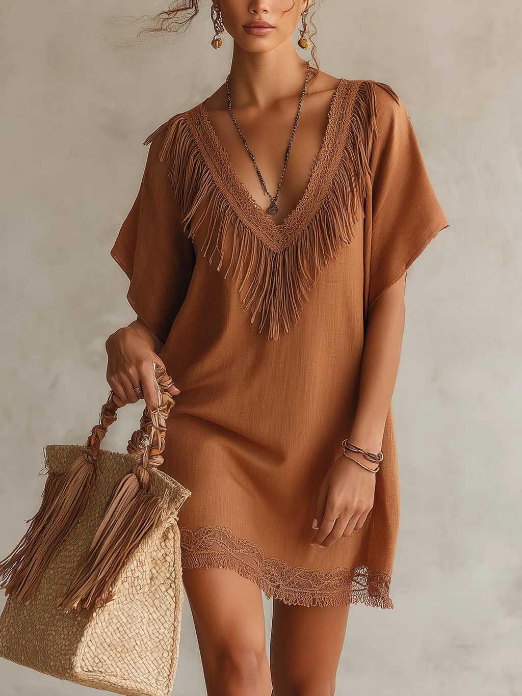 Brown Lace Fringe V-Neck Mini Dress