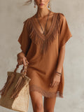 Brown Lace Fringe V-Neck Mini Dress