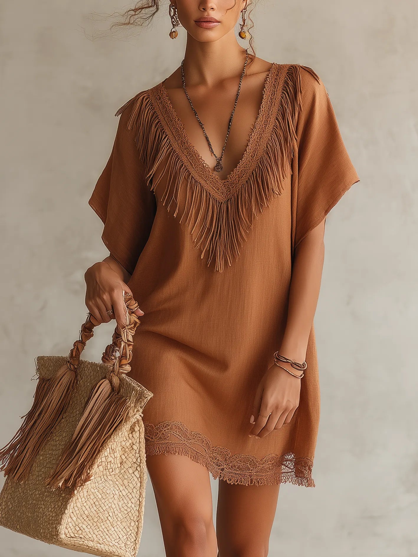 Brown Lace Fringe V-Neck Mini Dress