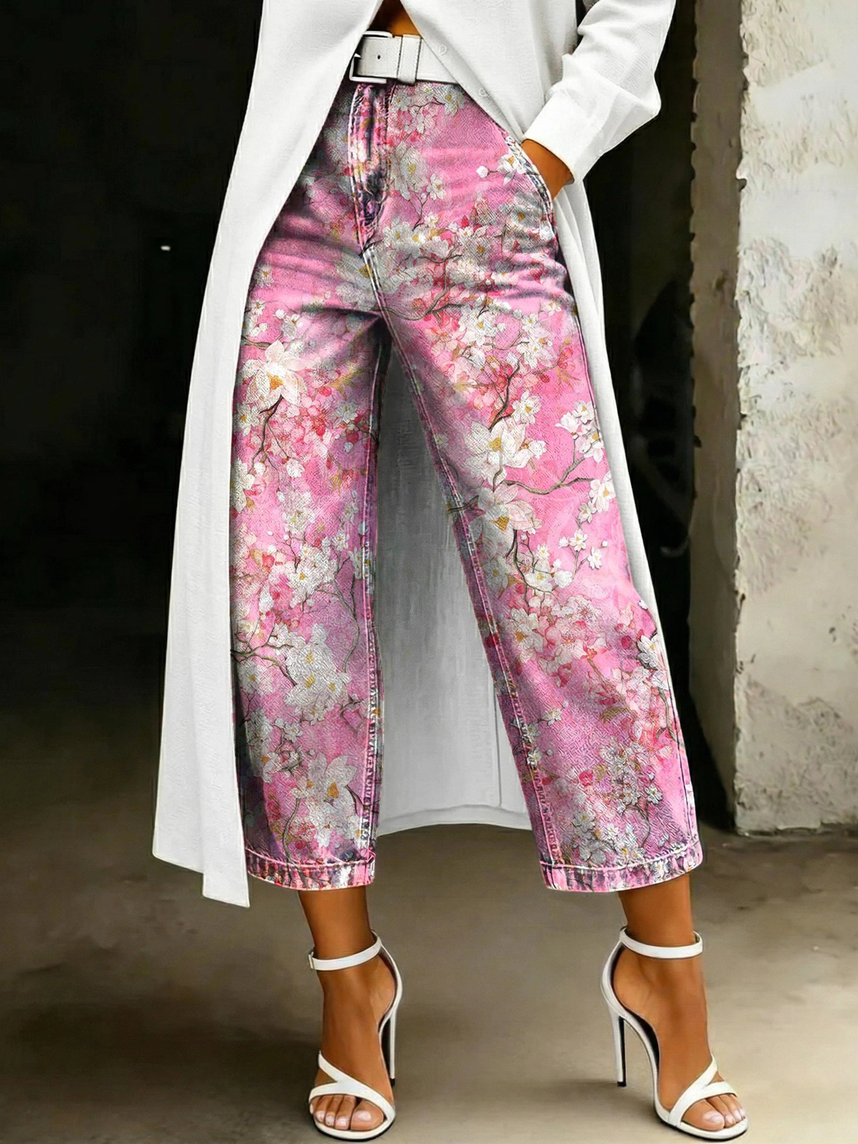 Women's Fashion Vintage Floral Loose-fit Casual Printed Wide-leg Jeans