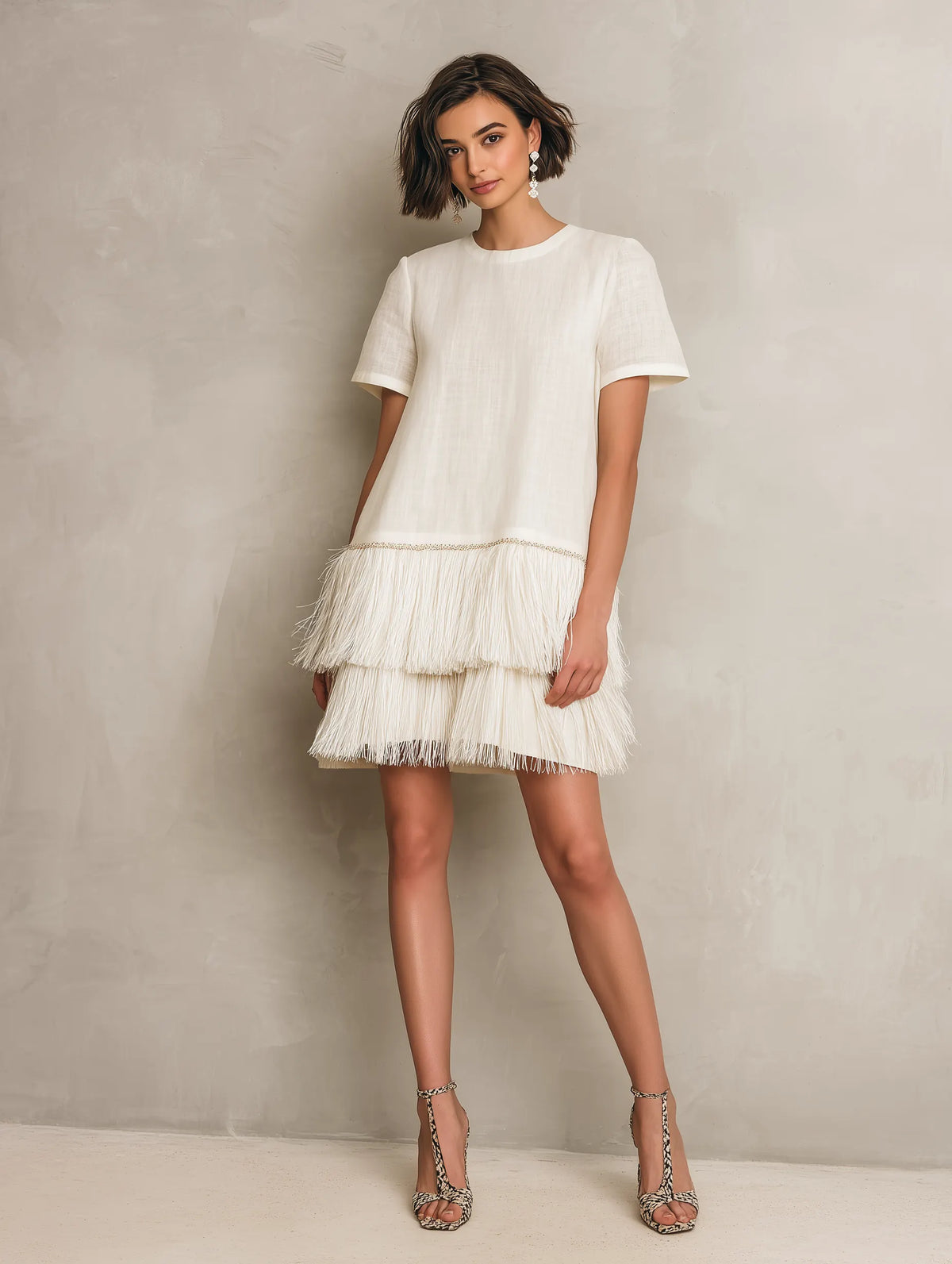 Women's Minimalist Solid-Color Short-Sleeve Mini Dress With Fringed Hem MDZ0967G9WY