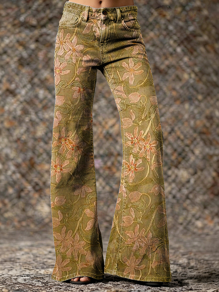 Womens Vintage Ethnic Yellow Floral Art Print Casual Slim  Wide Leg Pants