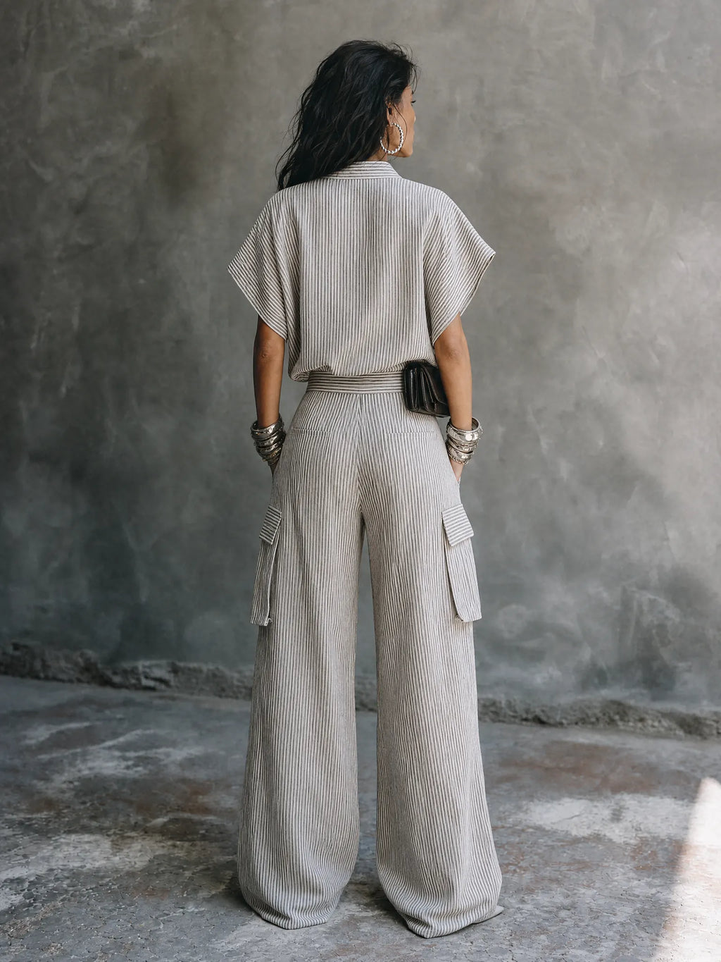 Women's Casual Vacation Gray White Cotton Blend Striped Wrap Top Cargo Pocket Wide-Leg Pants Set MDZ1618G6GMJ