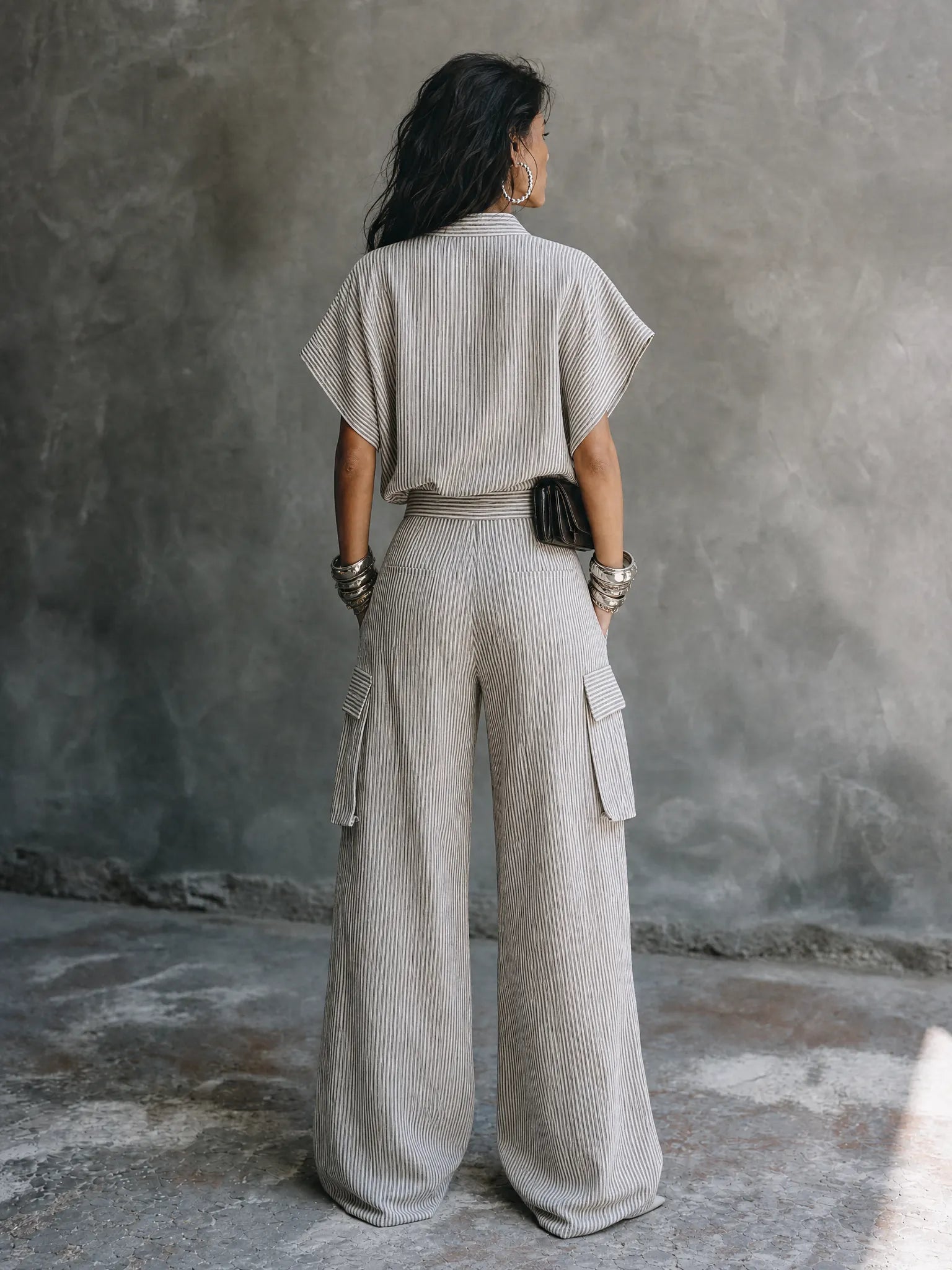 Women's Casual Vacation Gray White Cotton Blend Striped Wrap Top Cargo Pocket Wide-Leg Pants Set MDZ1618G6GMJ