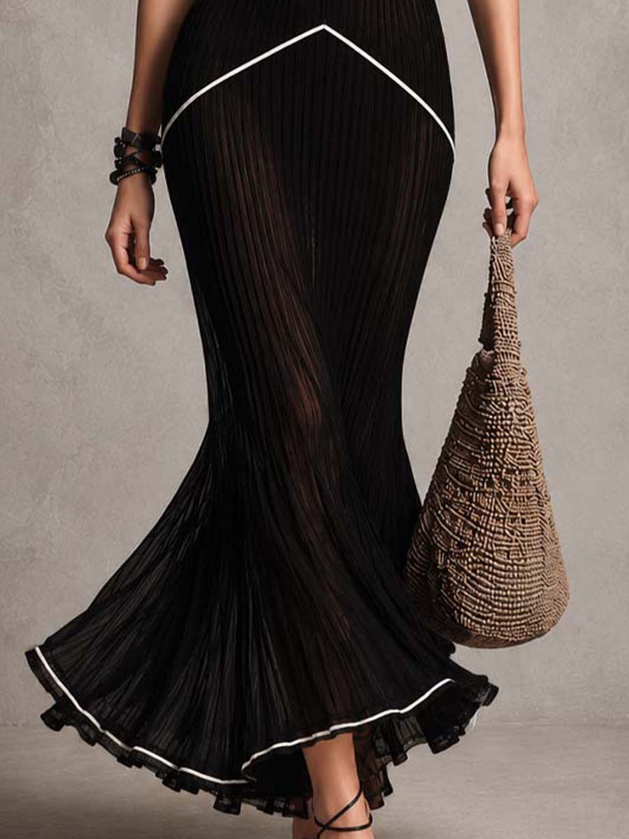 Vintage Elegant Black Sheer Ribbed Knit Halter Neck Mermaid Maxi Dress