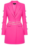 Long Sleeve Pearl Crystal Bow Blazer Dress Hot Pink