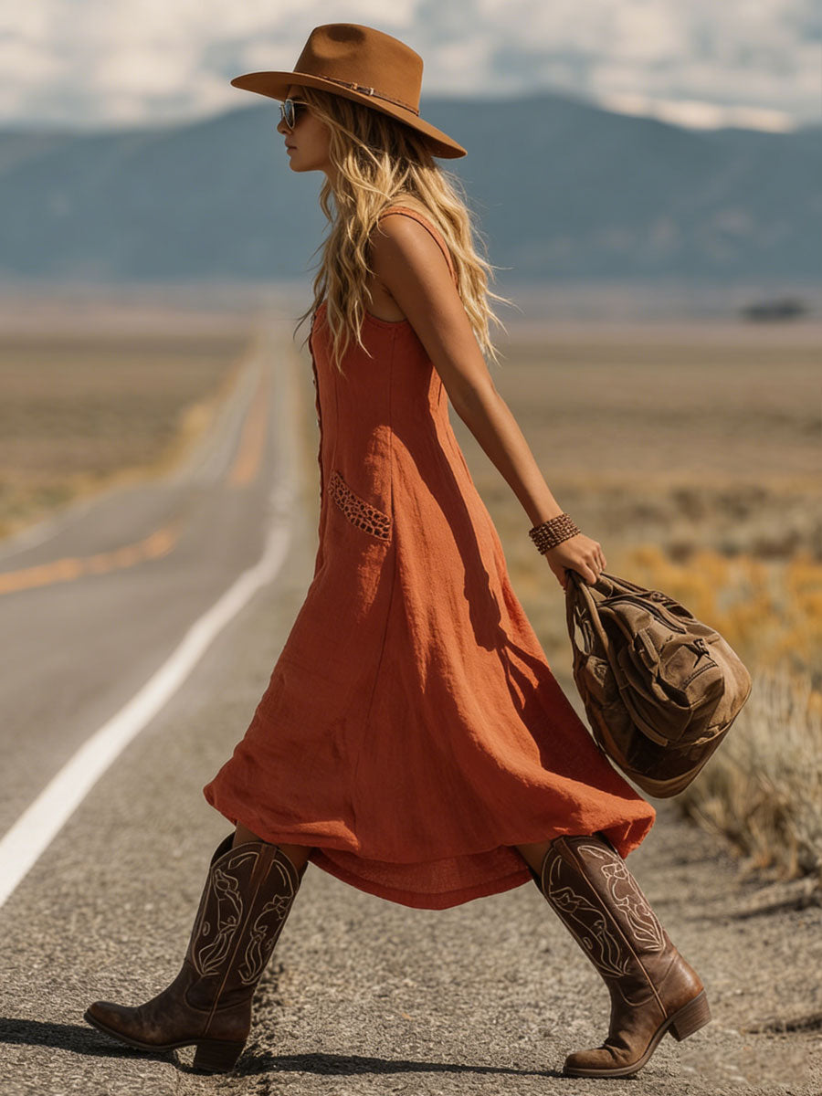 Western Bohemian Retro Orange-Red Cotton Linen Sleeveless Midi Dress