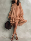 Women's Casual Apricot Chiffon Long-sleeve Mini Dress With A Round Neck MDZ1725G2LXY