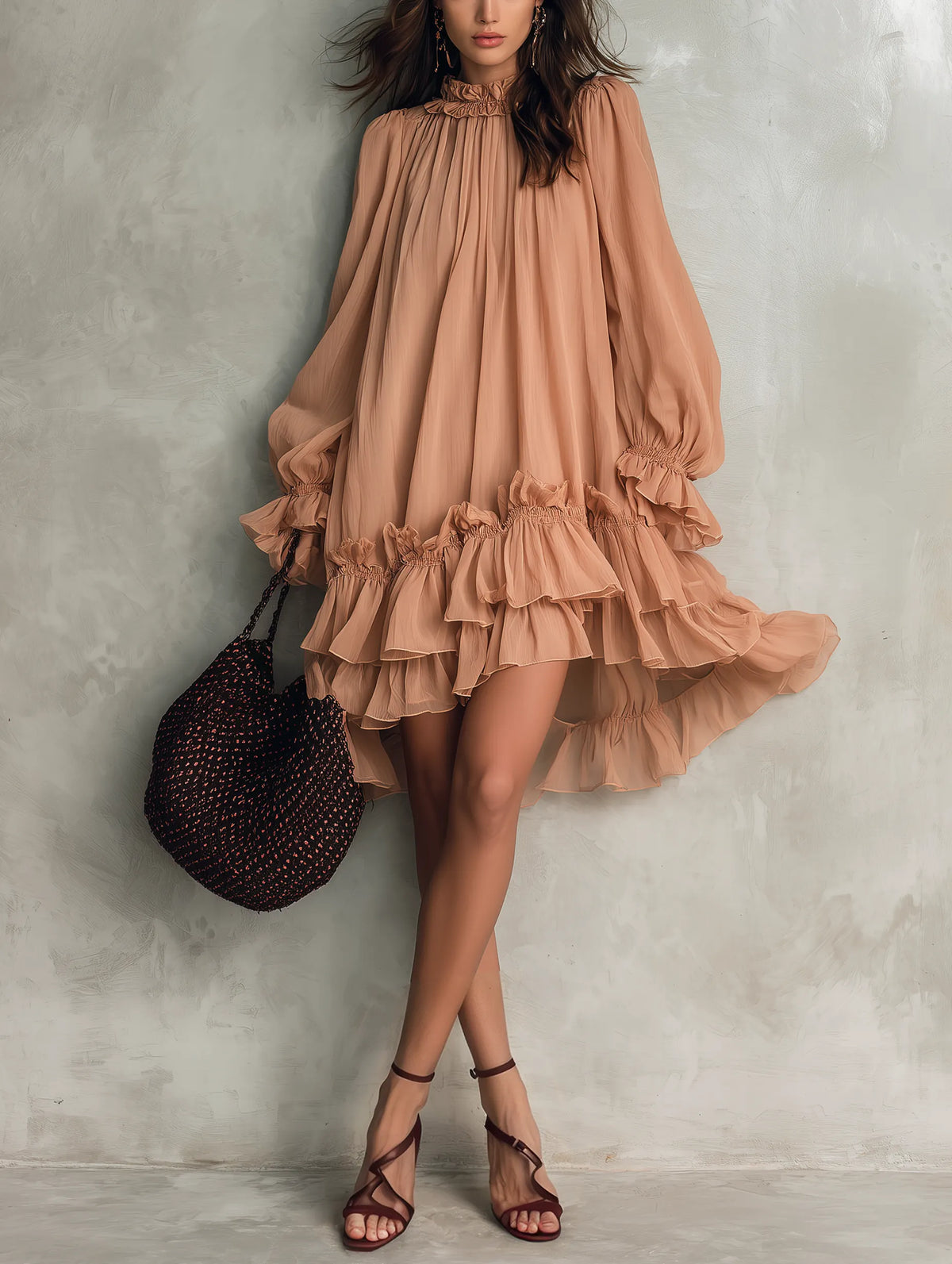 Women's Casual Apricot Chiffon Long-sleeve Mini Dress With A Round Neck MDZ1725G2LXY
