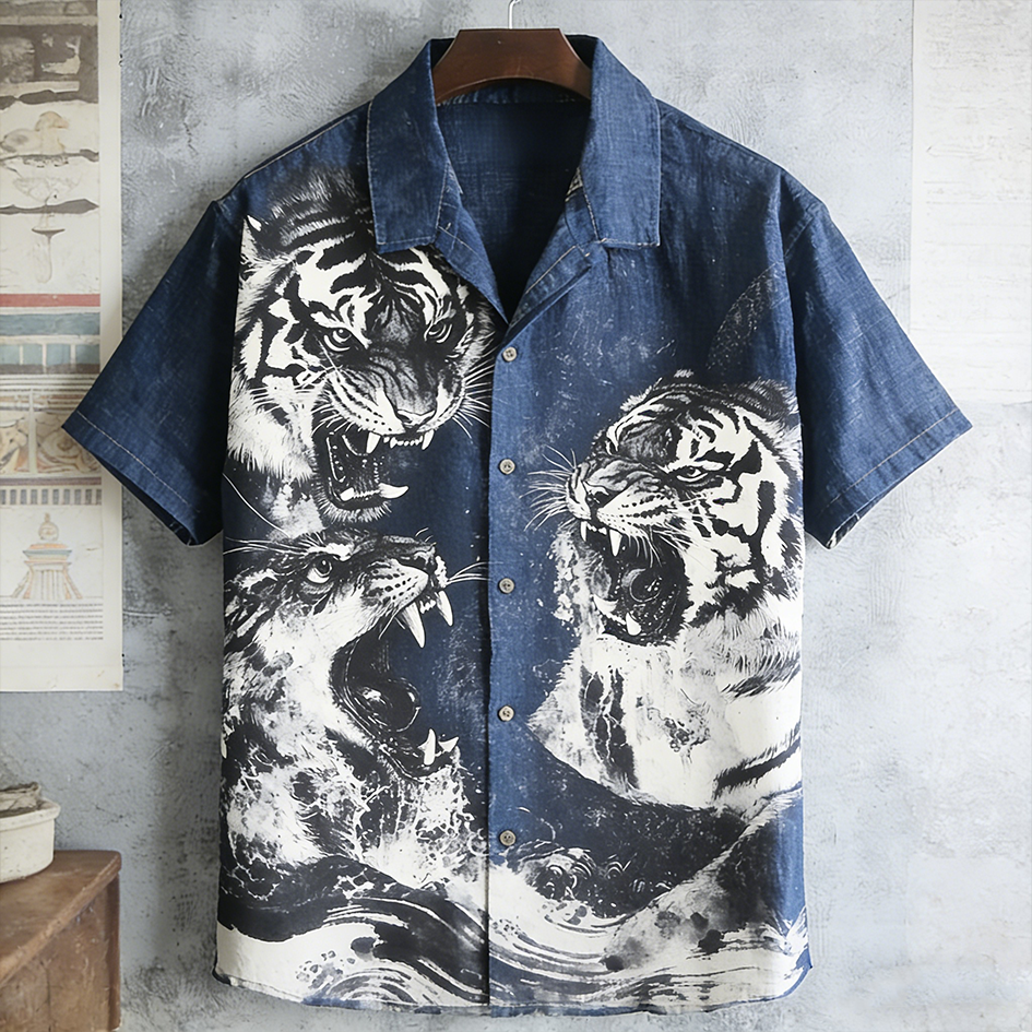 Japanese Art Vintage Tiger Pattern Men's Short Sleeve Shirt