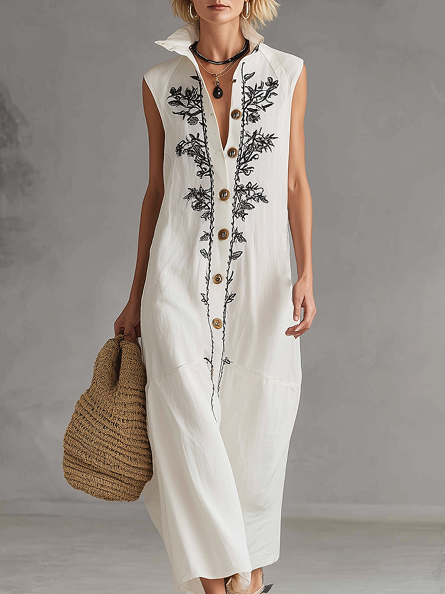 Exquisite Embroidered White Cotton And Linen Collared Button Sleeveless Maxi Dress