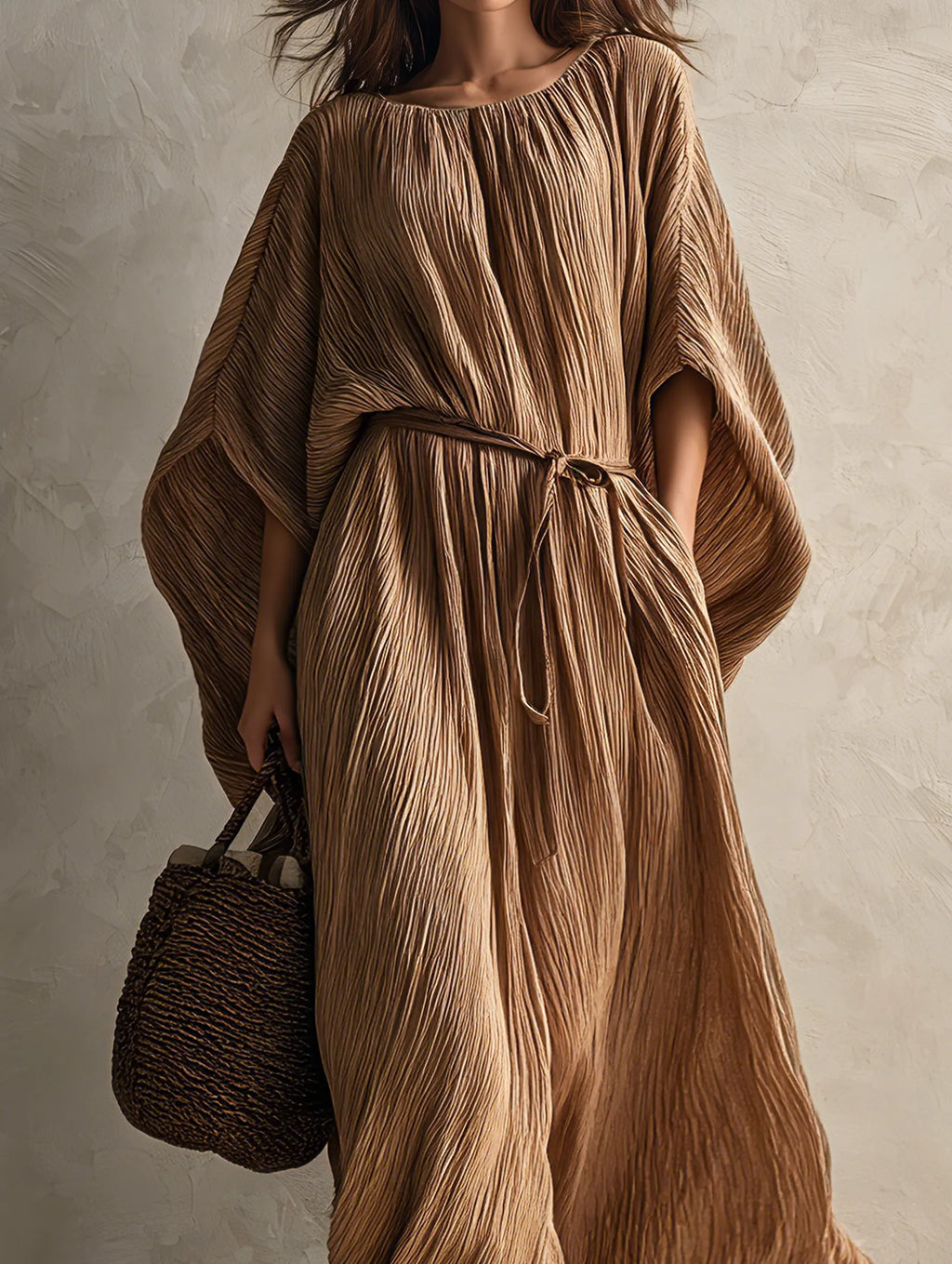 Women's Casual Khaki Woven Pleated Crew-Neck Batwing-Sleeve Maxi Dress MDZ2150G9LXY