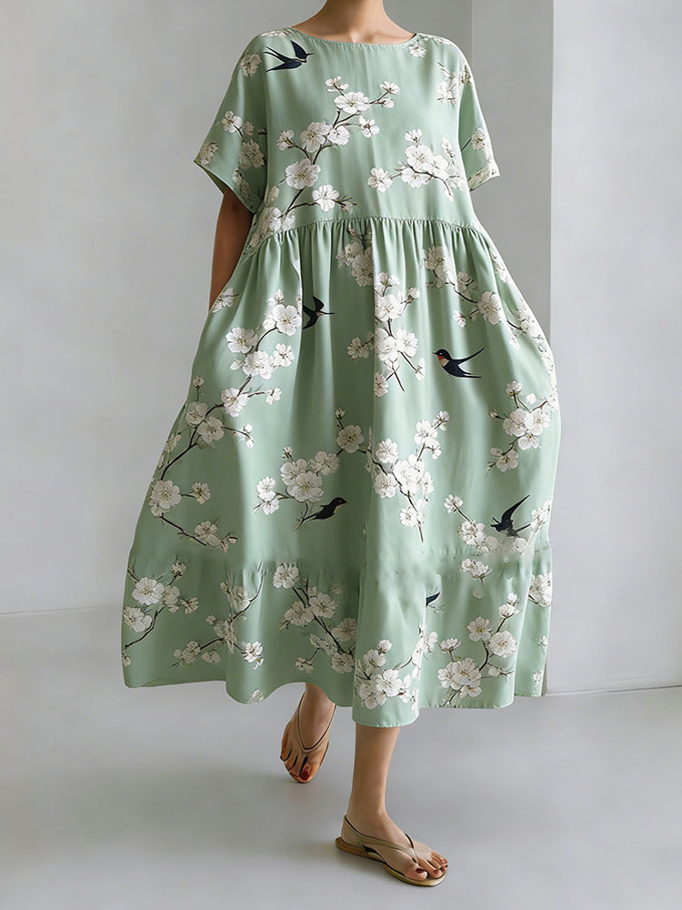 Vintage Japanese Art Plum Blossom And Swallow Print Long Sleeve Casual Midi Dress