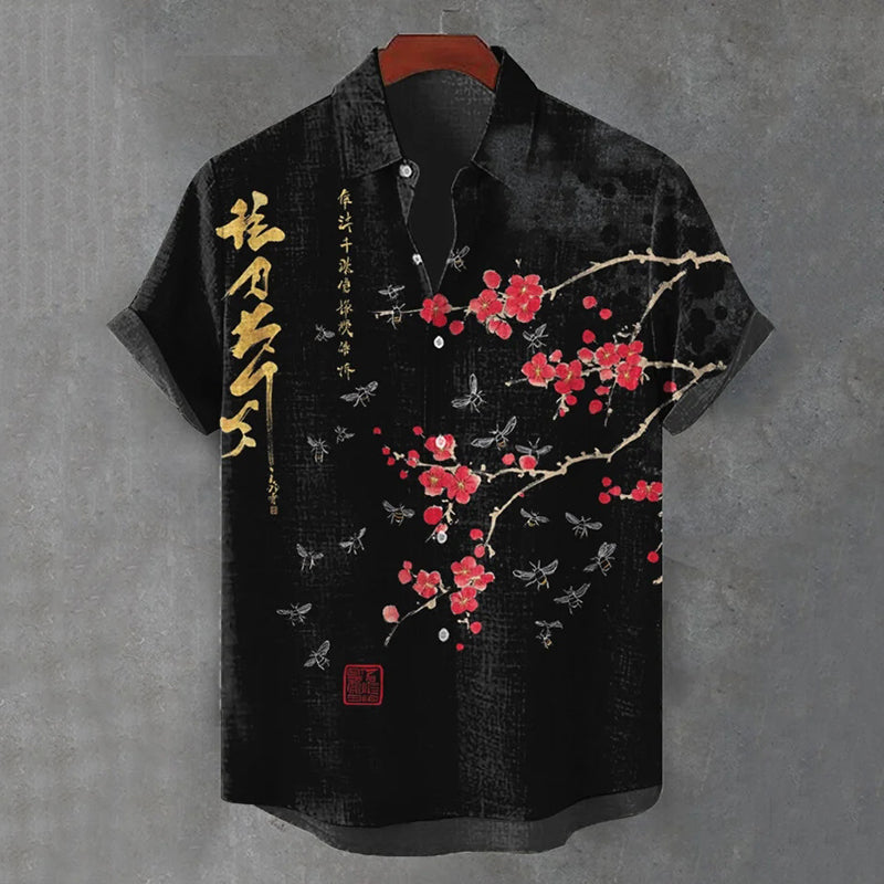 Men's Vintage Bees And  Red Plum Blossom Pattern Casual Shirt