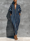 Women’s Navy White Vertical Stripe Linen Stand Collar Gold Half Zip Cuffed Batwing Sleeve Loose Midi Kaftan Dress With Side Pockets MDZ3034F9T