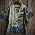 Japanese Cranes & Pine Trees Sea Waves Linen Shirt