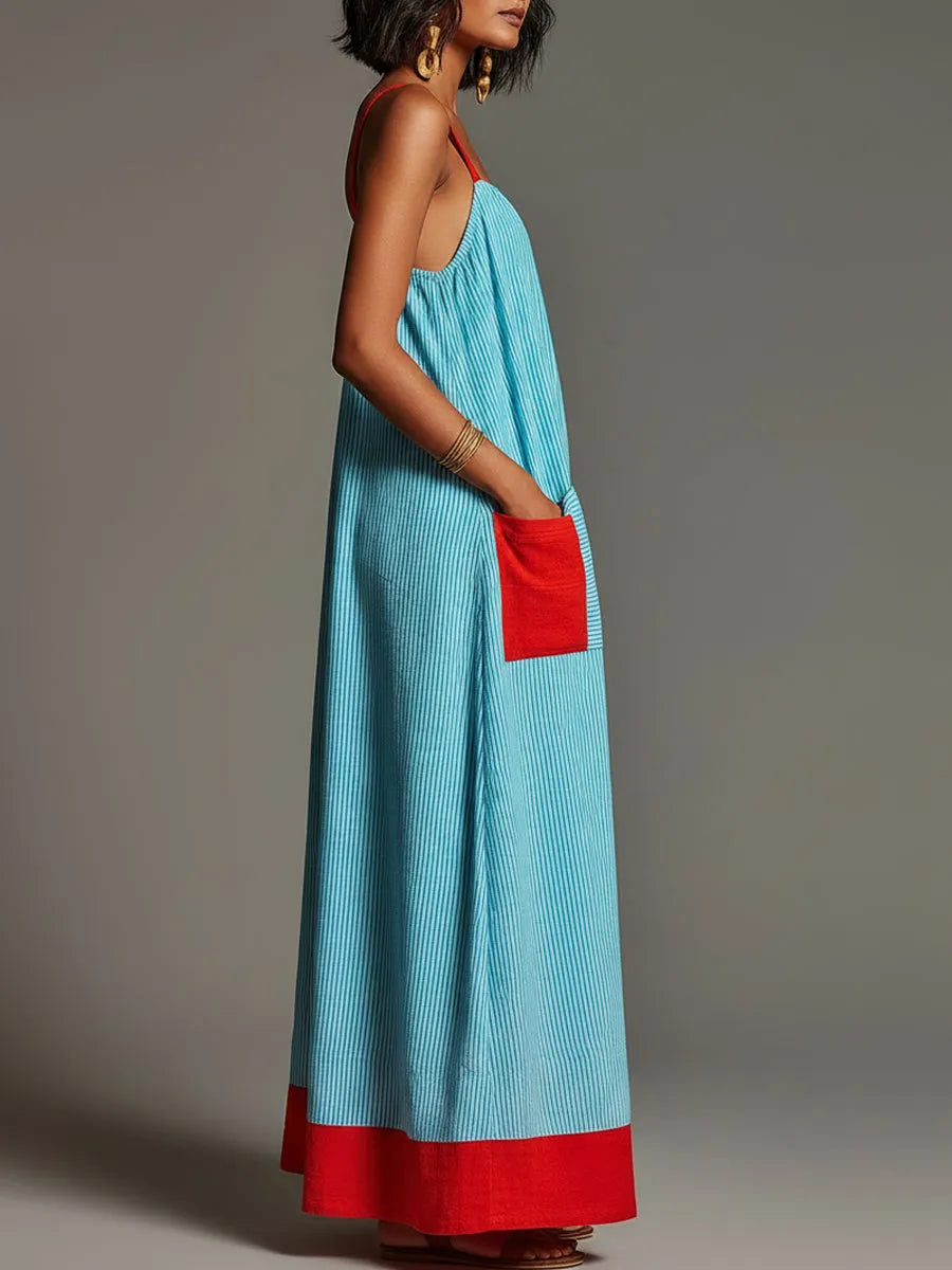 Vacation Striped Color Block Strap Maxi Dress With Pockets