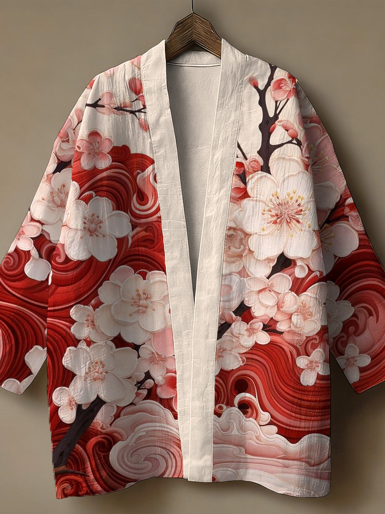 Vintage Cherry Blossom Art Pattern Linen Kimono