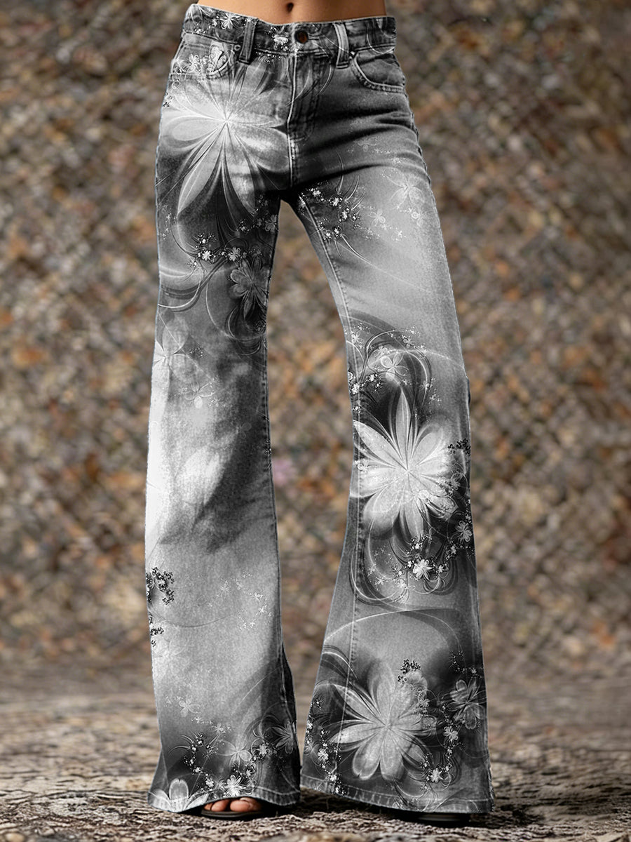 Women's Vintage Black And White Gradient Floral Hippie Art Prints Casual  Flared Pants
