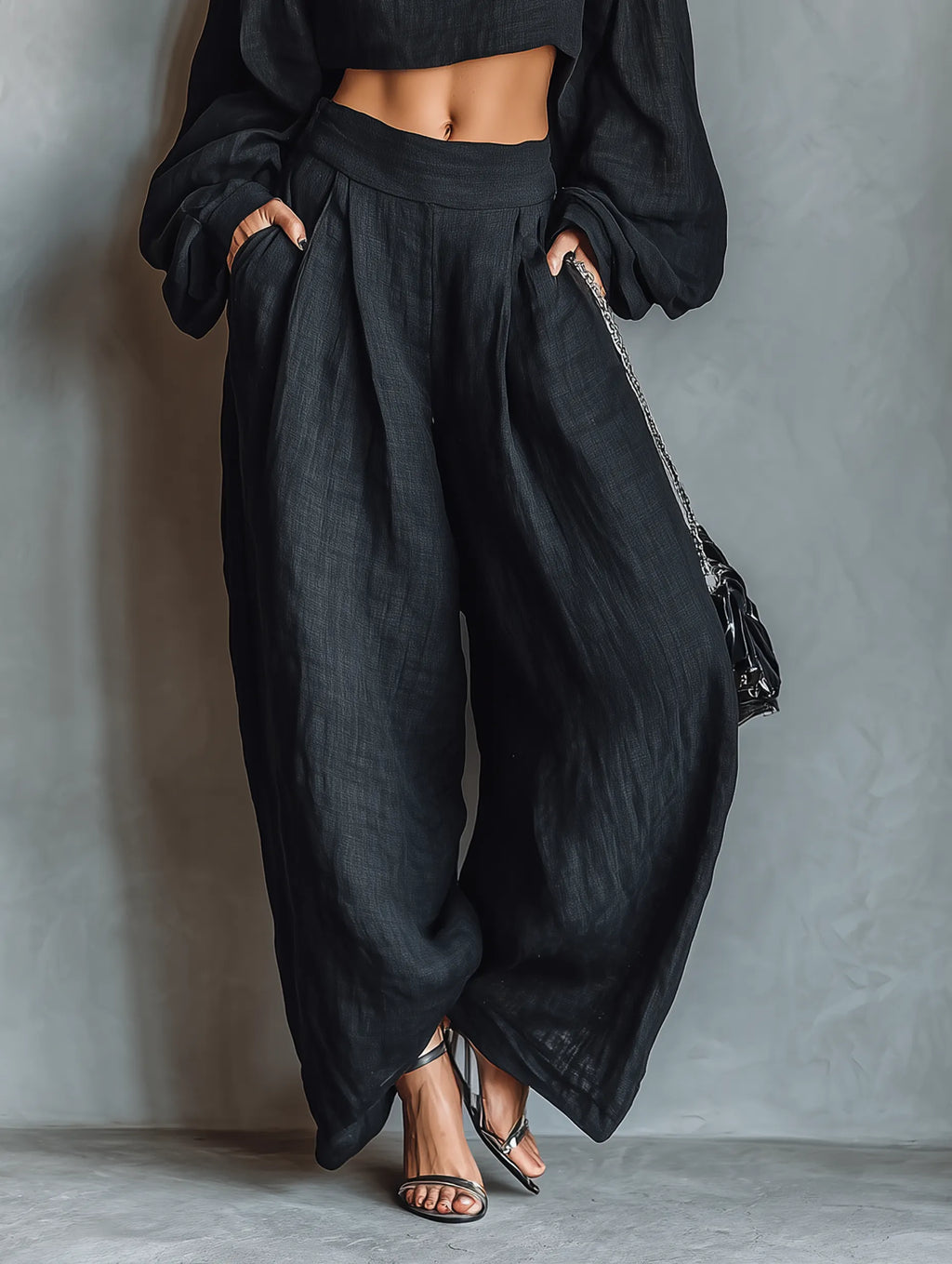 Black Off-the-shoulder Long-sleeved Top And Wide-leg Pants Set