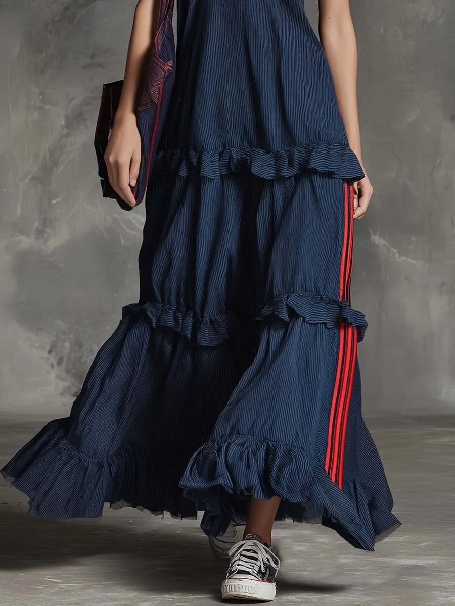 Retro Casual Sporty Lace V-neck Layered Ruffle Hem Dark Blue Striped Maxi Dress