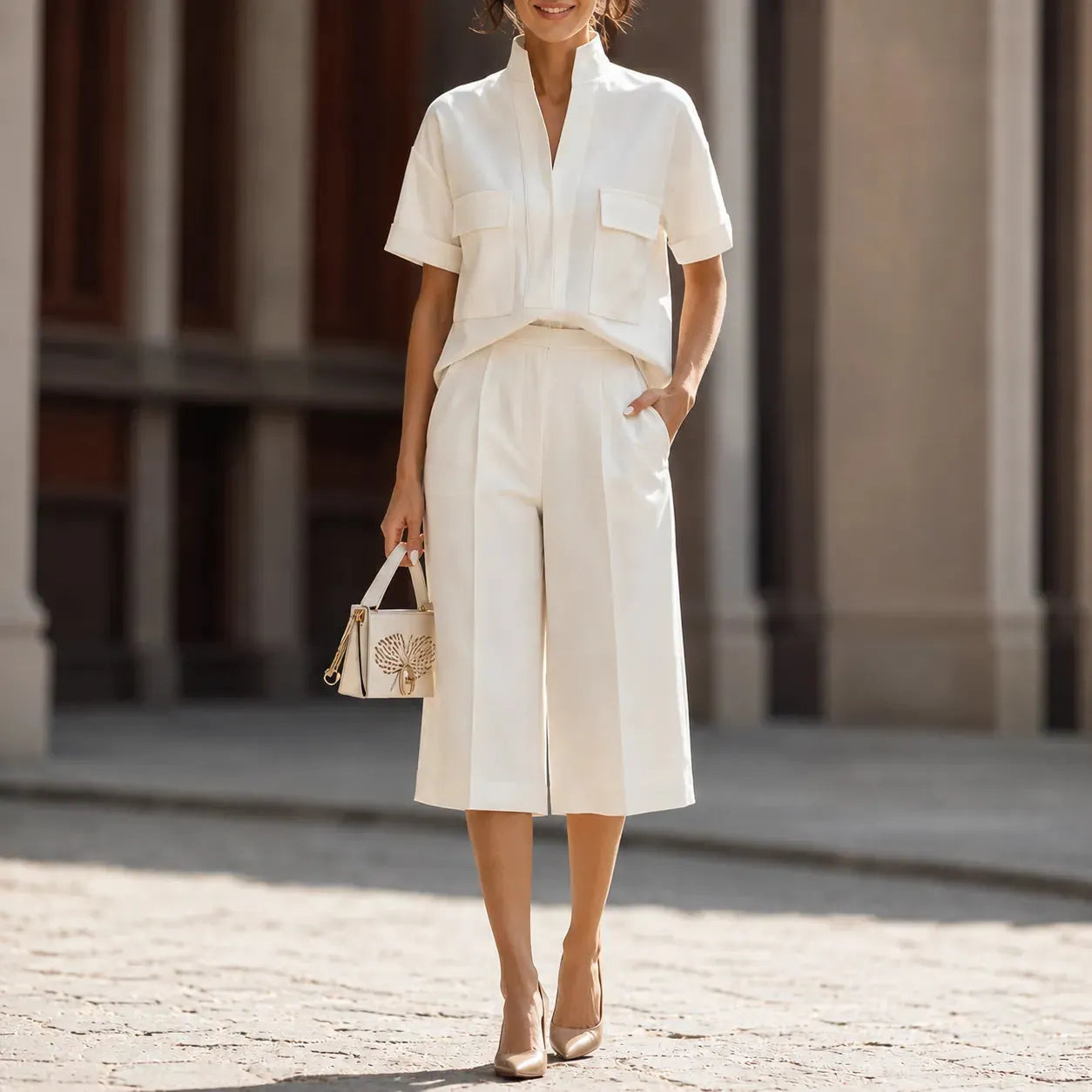 Solene – Stand Collar Wide Leg Culotte Two Piece Set