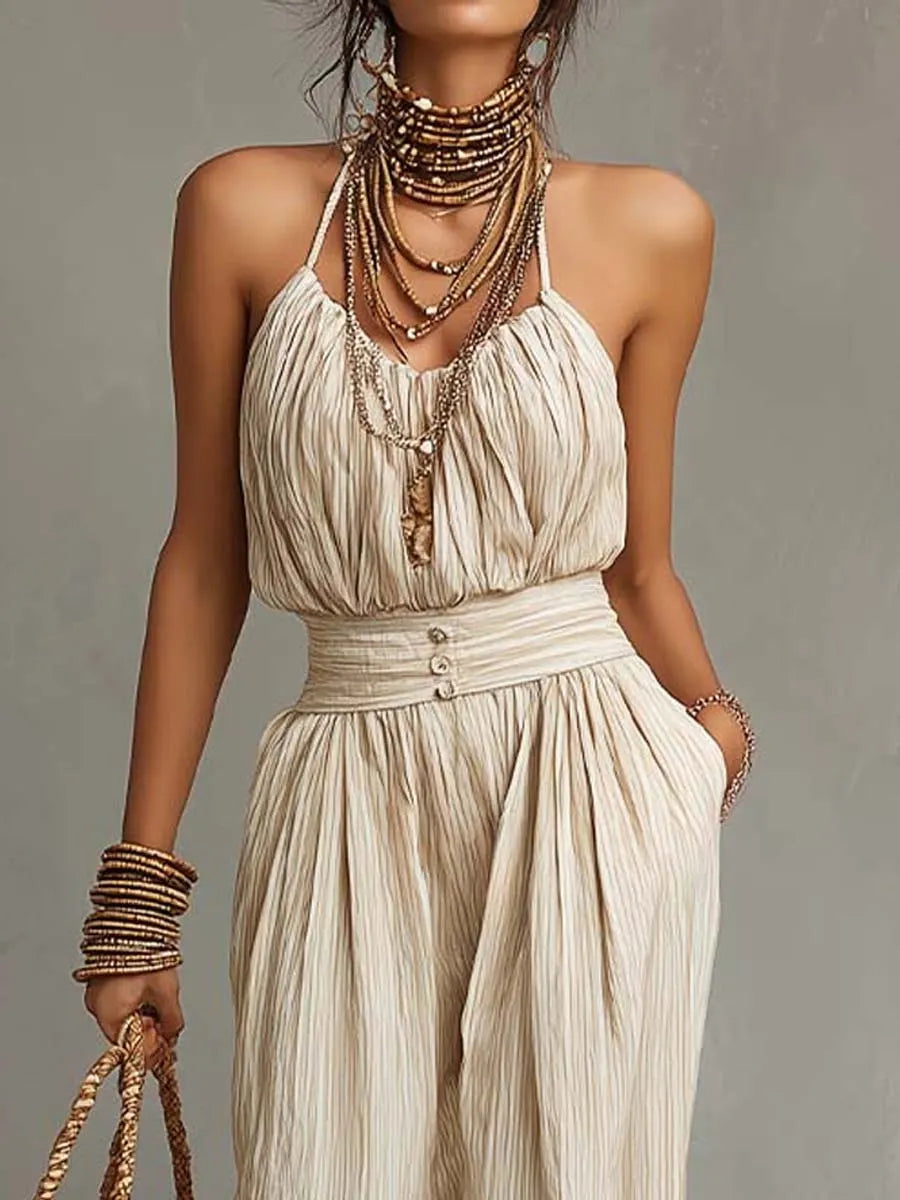 Bohemian Halter Smocked Waist Crinkled Jumpsuit