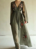 Vintage 3D Floral Print Maxi Dress - Elegant V-Neck Long Sleeve Boho Garden Party Gown