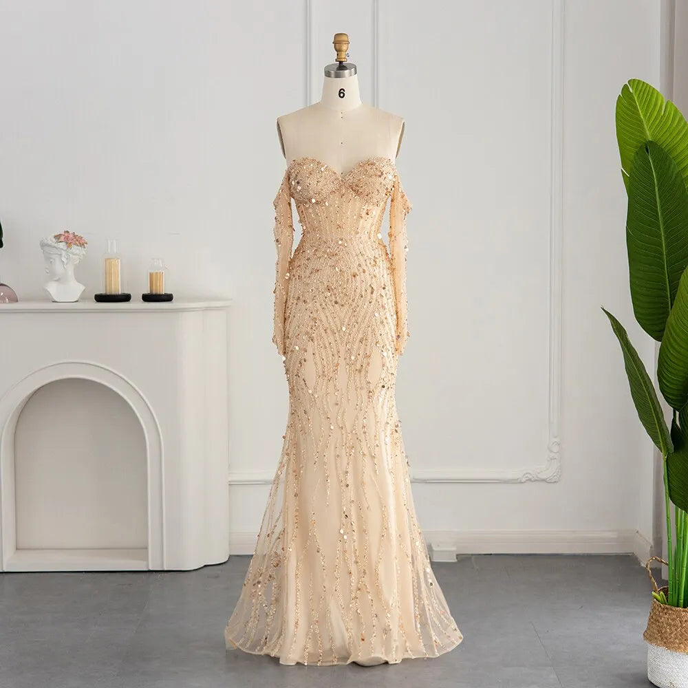 Dreamy Vow Luxury Dubai Gray Mermaid Evening Dress Elegant Off Shoulder Gold Prom Formal Dresses for Women Wedding Party 357