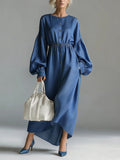 Faux Denim Casual Plain Balloon Sleeve Ruched Crew Neck Maxi Dress