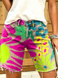 Women's Abstract Floral Graffiti Print Frayed Hem Denim Bermuda Shorts