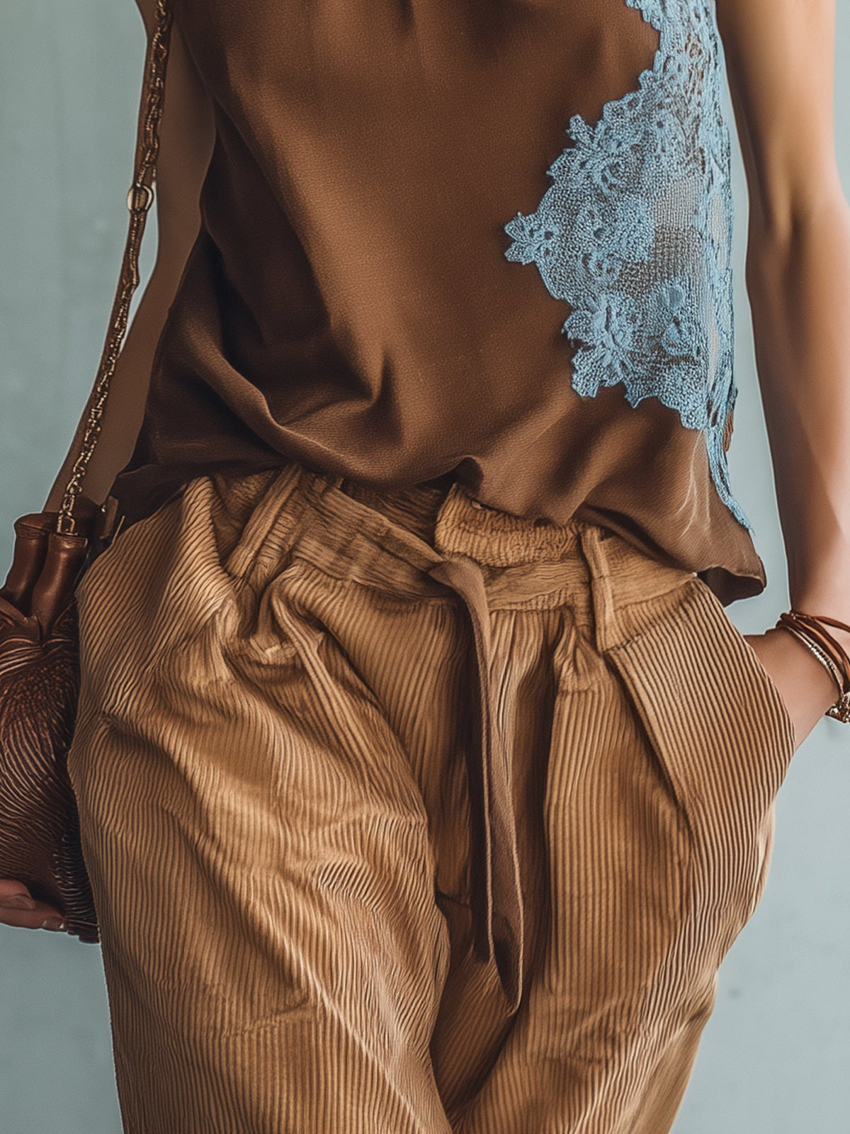 Brown Satin Lace Patchwork Sleeveless Top