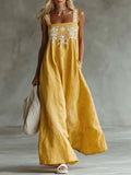 Yellow Cotton And Linen Embroidered Sleeveless Maxi Dress