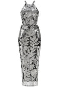 Halter Sequin Floral Maxi Dress Black Silver