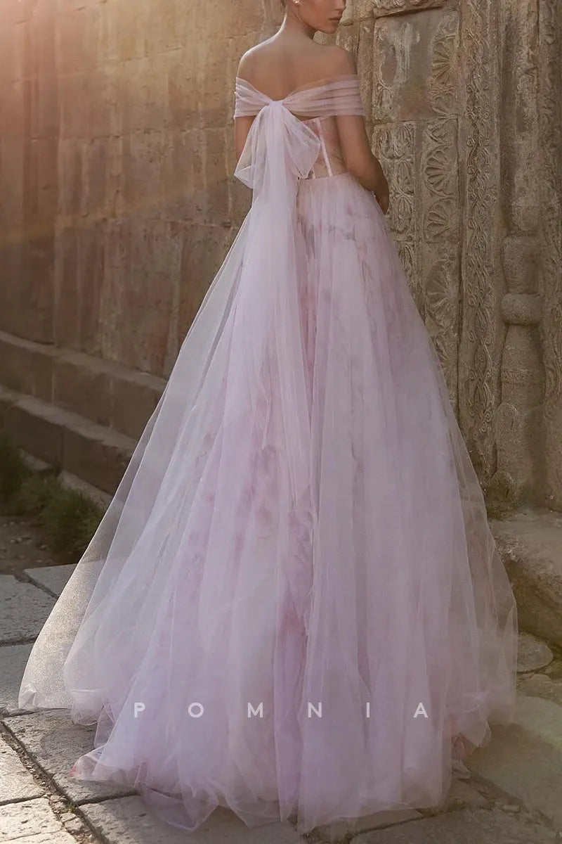 P3173 - A-Line Strapless Empire-Waist Flower Rucedh Tulle Long Beach Wedding Dress