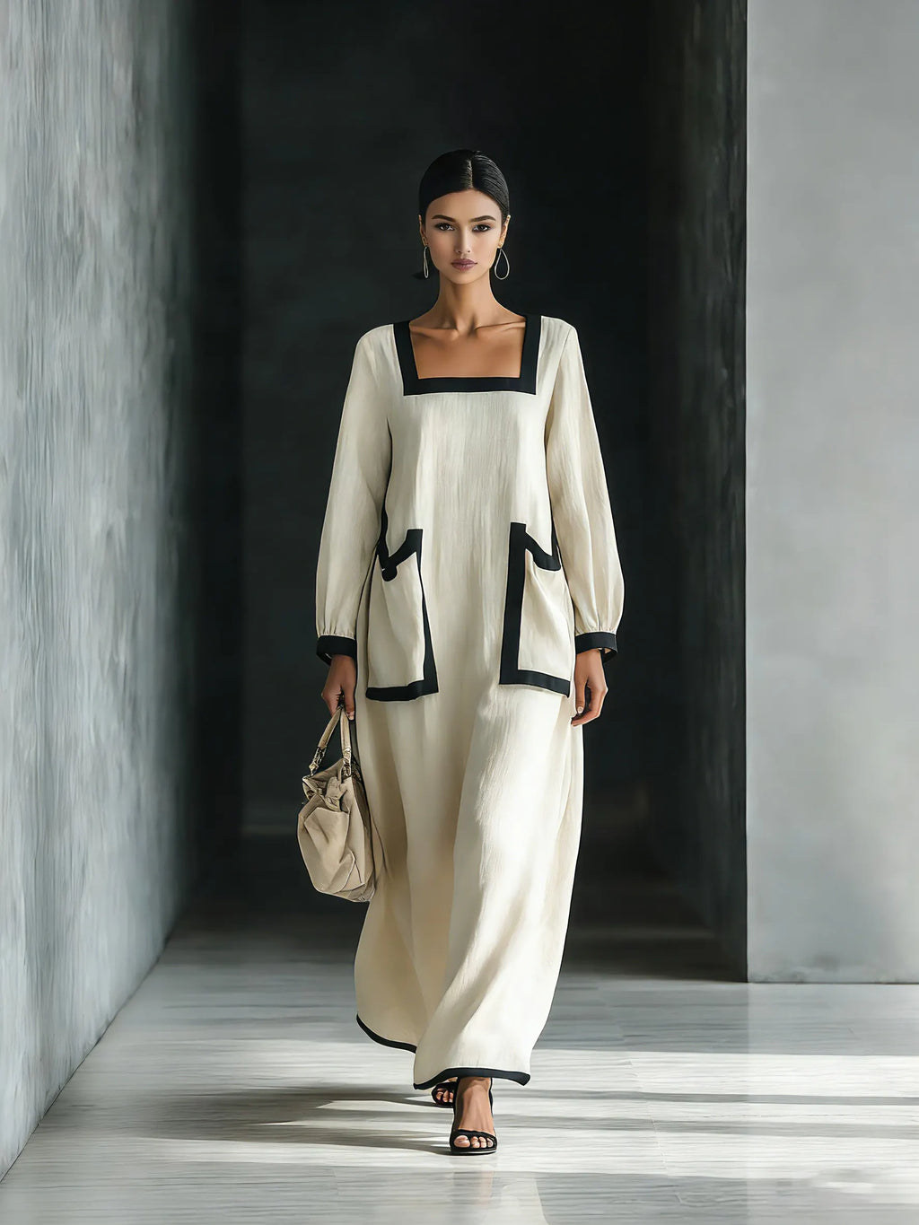 Women's Beige Cotton And Linen Blend Square-Neck Maxi Dress With Black Trim & Oversized Pockets MDZ1507A0T