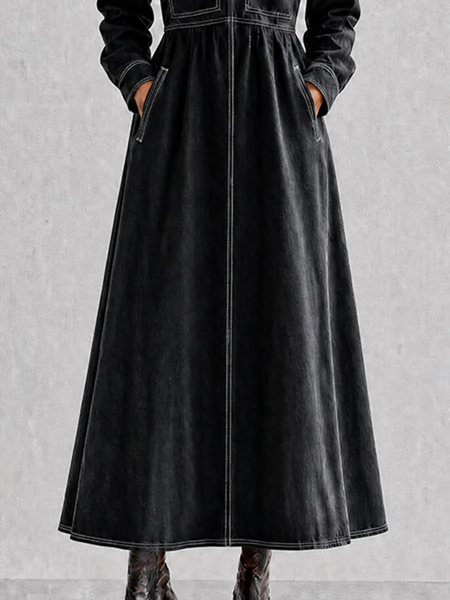 Women's Black Contrast-Stitch Collared Long-Sleeve Cinched-Waist Denim Shirt Maxi Dress MDZ1591G0CMX