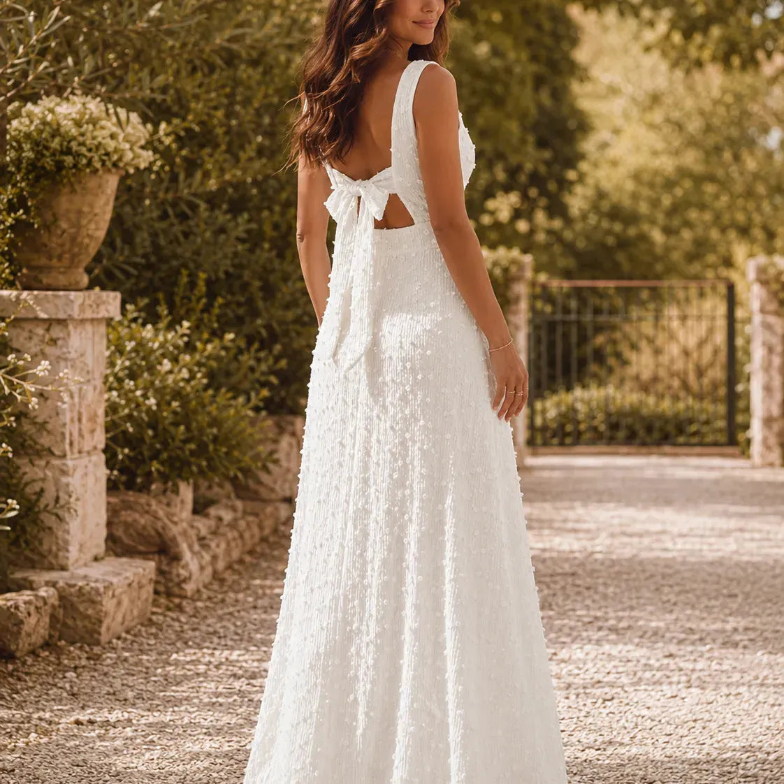 Aveline – Textured Square Neck Maxi Dress with Back Bow
