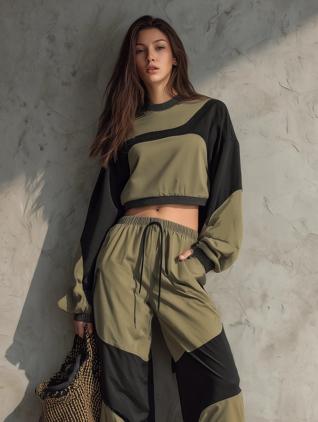 Women's Casual Long-sleeve Woven Top And Pants Tracksuit Featuring Dark Green And Black Color-blocking MDZ2116G9LXY