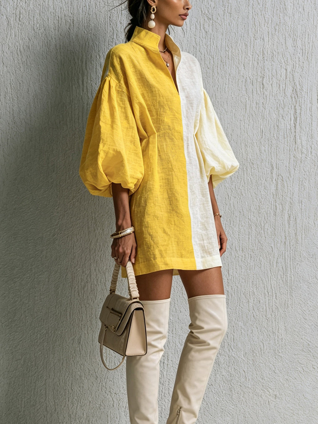 Color Block Puff Sleeve Mini Dress with Stand Collar