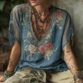 Women's Vintage Floral Embroidery V-neck T-shirt