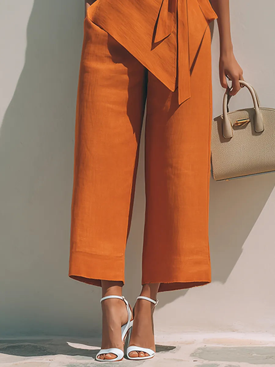 Women's Minimalist Linen-Blend Wrap-Front V-Neck Tie-Waist Sleeveless Cropped Jumpsuit MDZ2221F2ZRK